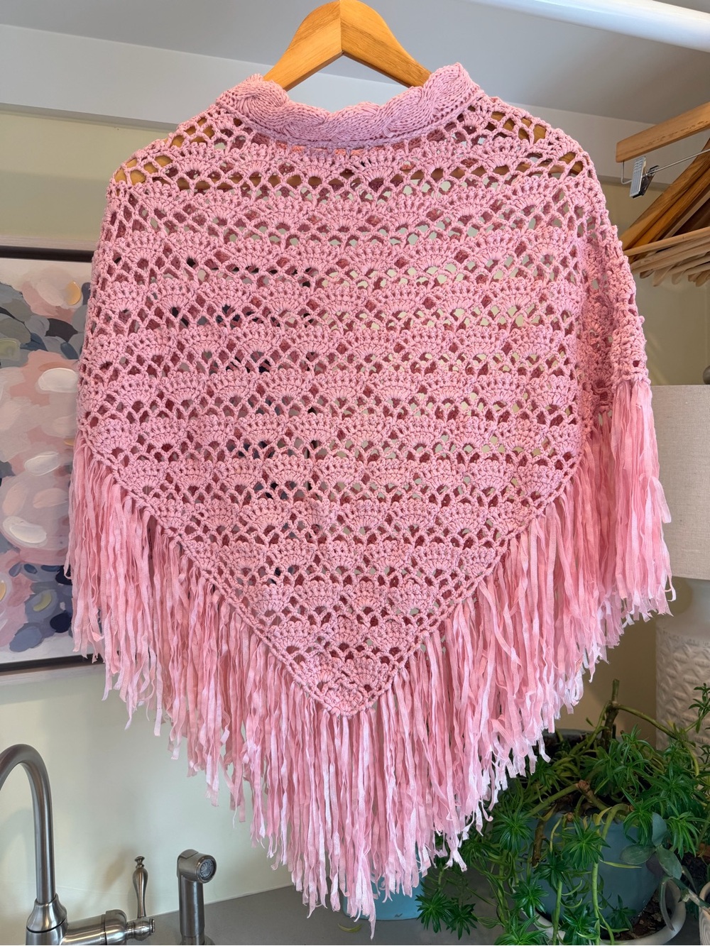 Vintage Cejon Pink Crochet Fringe Shawl Poncho